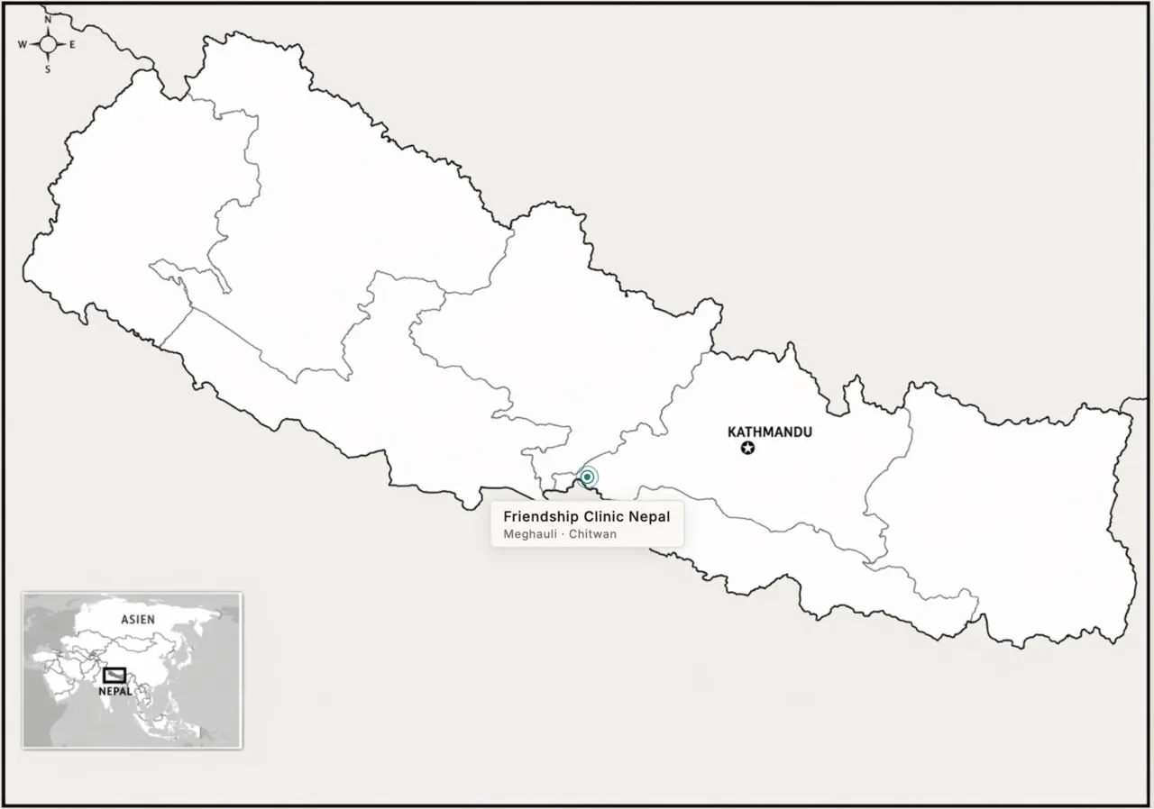 Karte von Nepal mit Standort der Friendship Clinic Nepal in Meghauli, Chitwan
